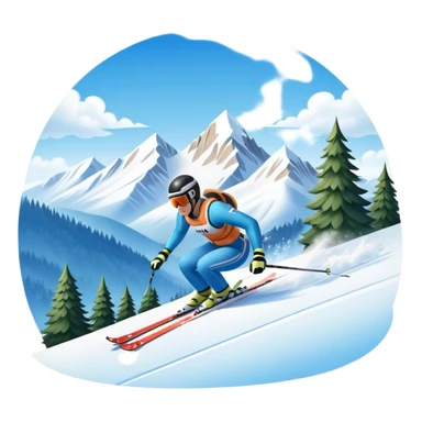 An icon featuring snowy peaks, pine trees, and a picturesque mountain landscape with a skier racing down a snow-covered slope, The sky is blue with soft clouds, capturing the thrill and beauty of alpine skiing. Transparent background highlights the excitement and serenity of winter sports. sticker
