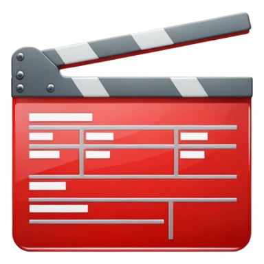 Glossy bright red clapperboard in the classic style of Apple icons: the top bar is tilted up-left, the body and bar with a deep glossy glare, dark gray edging, black background inside, perfectly square with rounded corners. sticker