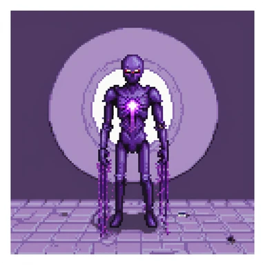 Minecraft Enderman attacking player with username "Artem" in the End dimension, purple particles sticker