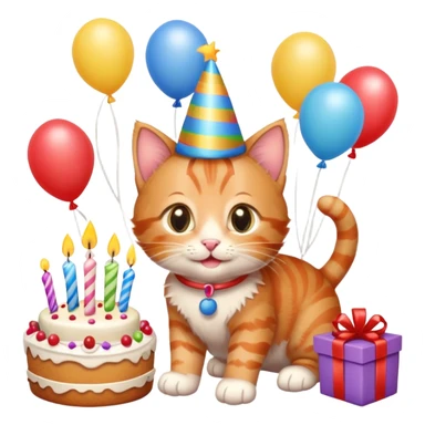 Ginger tabby kitten celebrates birthday, birthday hat, birthday cake, one candle, balloons, happy, gifts sticker