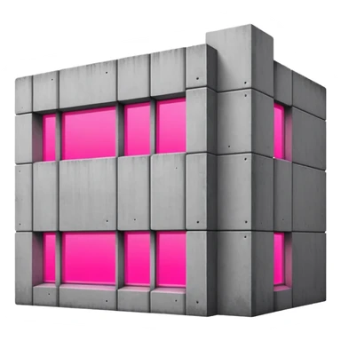 Brutalist gray concrete block building with one neon pink window sticker