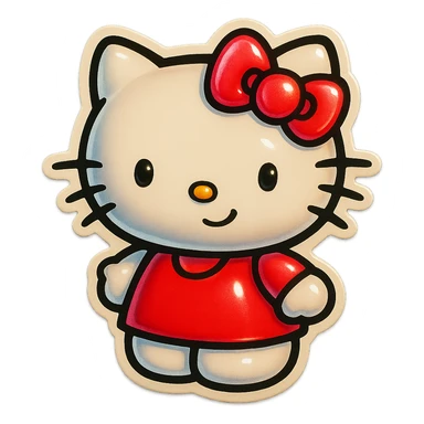 hello kitty sticker style, white head, pink bow, smiling expression, red dress sticker
