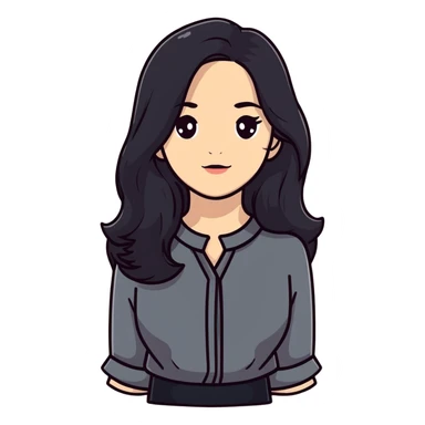 white woman with rounded brown eyes, long black hair, black blouse sticker