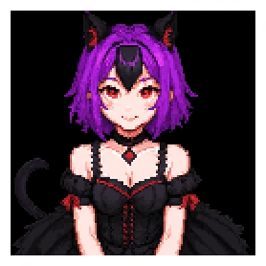 Change hair color to purple, keep all other gothic neko girl features the same, in pixel art style. Maintain pixel art aesthetic and details. sticker