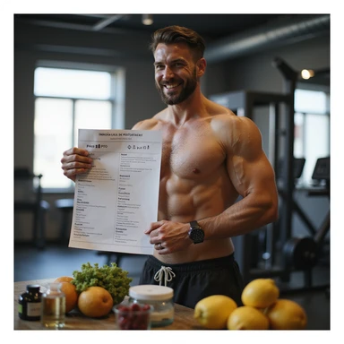 hyper realistic muscular bodybuilder in gym with satisfied expression holding a detailed PCT list, supplements, fruit and water beside him, positive atmosphere, Italian caption: 'PCT strutturata: salute e performance', isolated on white background sticker
