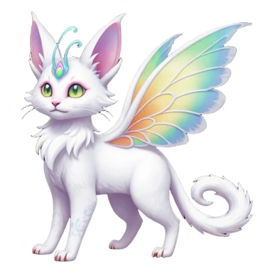 Pure-snow-White albino iridescent with pastel rainbow-gradients-color-markings with swirly patterns butterflies  faerie-Noivern-Noibat-Purloin-Torracat-Lykoi-Caracal-cat-Fakemon-fusion-hybrid-creature sticker
