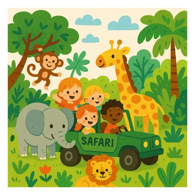 hand drawn digital illustration of jungle safari in the style of children's illustration sticker