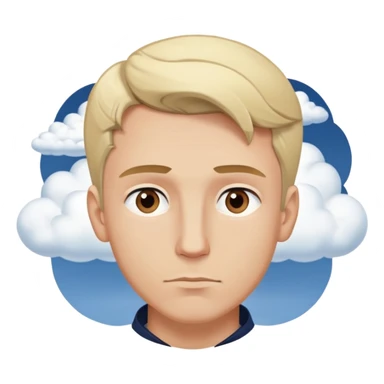 Expressive ,Blond man with brown eyes,contemplative , cartoon style,navy-blue, background has thought clouds elegant  sticker