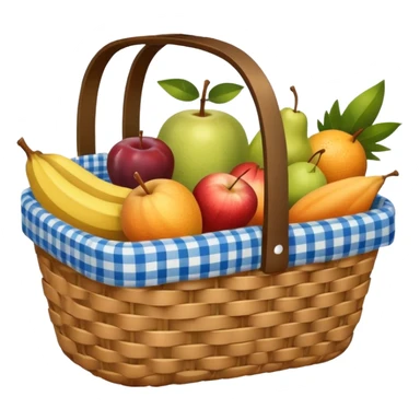blue plaid lining basket with both food, drink and fruits sticker