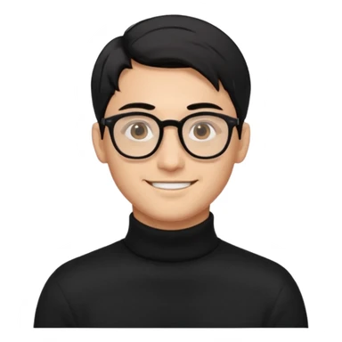 Создай эмодзи, мужчина, 26 лет, стрижка side-part, чёрные волосы, карие глаза, чёрный свитер-гольф, смуглый цвет кожи, очки, улыбается sticker