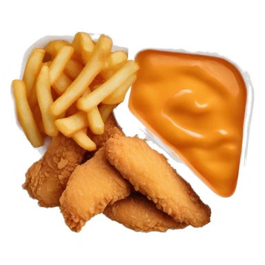 3 chicken tenders with crinkle fries and orange sauce on the side in a styrofoam container styrofoam container sticker