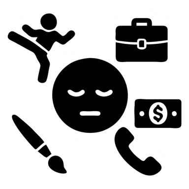 Yellow emoji with karate dogs, a briefcase, money, a phone and a paintbrush flying in its aura sticker