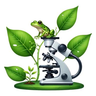 An icon featuring a DNA strand, a microscope, and a green leaf, symbolizing biology. The design includes animal cells, plant structures, and a frog, representing the study of living organisms and ecosystems. Transparent background highlights life sciences and biological research. sticker
