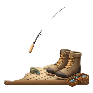 Icon for Fishing Travel: a fishing rod, tackle box, boots, and a boat by a serene lake, with fish jumping out of the water and surrounded by lush nature. The icon should capture the peaceful and adventurous spirit of fishing trips. Transparent background. sticker