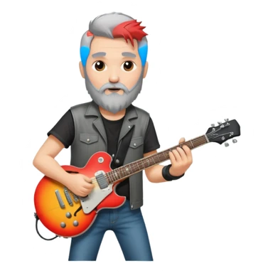 a short grey hair, with long side beard shop, middle age metal head with a classic epiphone eletric guitar sticker