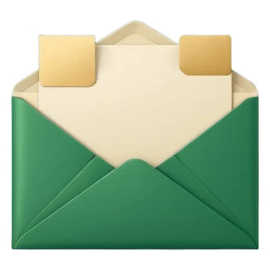 3D minimal open envelope with paper sliding out, matte finish, deep green (#0B3D2C) envelope, cream (#F5F5DC) paper, subtle gold (#C9B037) edge, Apple style, ultra clean, soft shadow, transparent background sticker