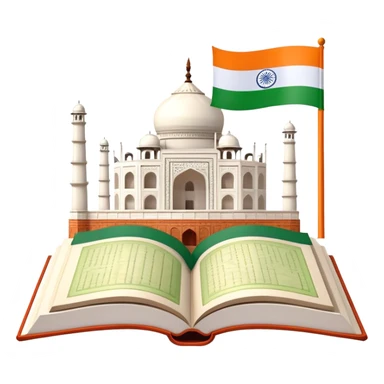 An icon featuring the Taj Mahal and the flag of India, symbolizing the Hindi language. The design includes an open book with hindi text, representing language learning and cultural richness. Transparent background highlights the heritage of India. sticker
