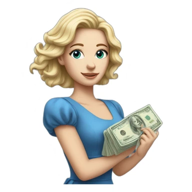 Realistc white girl in a blue dress her hair out holding the money sticker