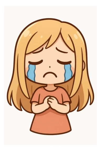 cartoon girl with long blonde hair, sad expression, crying with blue cartoon tears, frowning, plain white background sticker