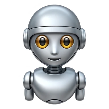A cute futuristic robot emoji made of silver chrome, rounded friendly body, minimal facial features, glossy metallic surface, soft reflections, iOS emoji style, centered, clean white background sticker