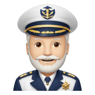 A light-skinned mid-aged man with brown eyes and white beard, smiling while wearing a white captain’s hat with a navy emblem. sticker