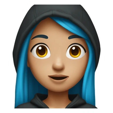 girl with long blue hair in a black hoodie has a surprised face sticker