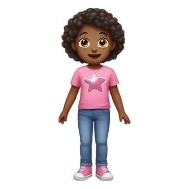 toddler child with dark hair wearing a pink tshirt with a sparkly star and blue jeans with a pink butterfly on the right leg sticker