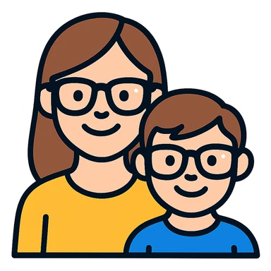 A happy woman with brown hair and a child boy, both wearing Ray-Ban glasses sticker