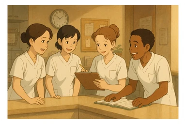 quatre étudiants infirmiers en pleine collaboration et interaction dans un poste de soin, ambiance d'équipe, style Ghibli, tenues uniformes blanches à manches courtes, hauts de type tunique médicale avec col en V et poche poitrine côté gauche, pas de pied de col, pas de stéthoscopes, pas de vêtements dépassant des manches, ambiance chaleureuse sticker