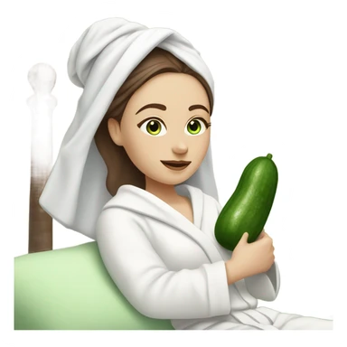 White girl with Brown hair and blue eyes wears a Green colored clay mask and puts on cucumbers around her eyes while She relaxes in her white Robe sticker