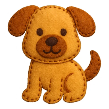 <StylePrompt>
  <Name>Felt Appliqué Plush Style</Name>
  <Description>A soft, handcrafted look inspired by plush felt fabric with visible stitching and a padded 3D texture, rendered on a solid black background.</Description>
  <VisualProperties>
    <Material>Felt</Material>
    <Texture>Soft, fuzzy, with slight fiber detail</Texture>
    <Stitching>
      <Type>Thick thread</Type>
      <Color>Orange or slightly darker tone than fabric</Color>
      <Pattern>Uniform running stitch along outer edge</Pattern>
    </Stitching>
    <Padding>High, plush-like 3D depth</Padding>
    <Edges>Rounded corners</Edges>
    <ColorPalette>
      <Primary>Warm yellow/orange tones</Primary>
      <Accent>Brown or dark orange for facial features and outline</Accent>
      <Background>Black</Background>
    </ColorPalette>
  </VisualProperties>
  <Rendering>
    <Lighting>Soft, even studio lighting</Lighting>
    <Shadows>Subtle drop shadows for depth</Shadows>
    <Perspective>Flat front-facing, symmetrical if applicable</Perspective>
  </Rendering>
  <Applicability>
    <SubjectType>Any object, animal, or letterform</SubjectType>
    <OutputFormat>Icon, emoji, patch-style graphic</OutputFormat>
  </Applicability>
</StylePrompt>

{subject} = dog sticker