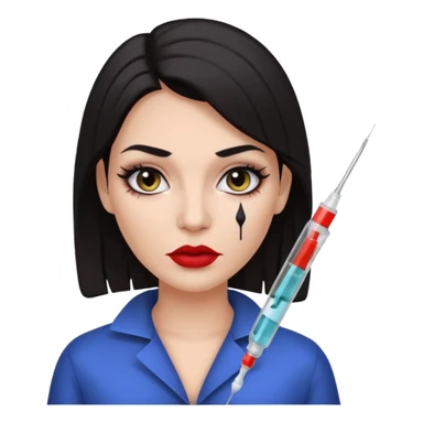 White woman with dark hair and makeup with syringe on a face sticker