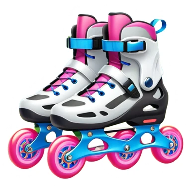An icon featuring a pair of colorful rollerblades placed on a smooth path. The background showcases a picturesque park with lush greenery, blooming flowers, and a clear blue sky with soft clouds. The bright sunlight adds a cheerful touch to the scene. Transparent background sticker