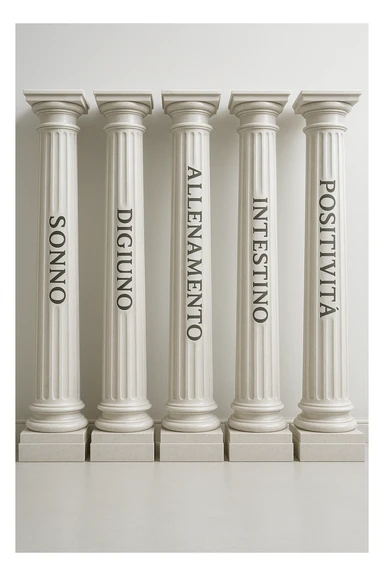 5 pilastri con le scritte "SONNO", "DIGIUNO", "ALLENAMENTO", "INTESTINO", "POSITIVITà" IMMAGINE IPERREALISTICA SFONDO CHIARO IN ITALIANO sticker