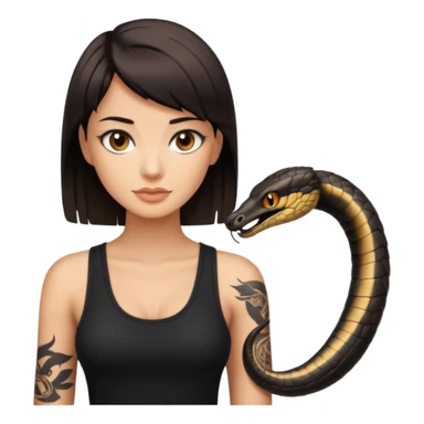 Femme brune yeux marron avec une coupe carré noir qui descend sur l'épaule , femme couleur de peau un peu bronzé mais pas metisse, avec un cobra a côté , débardeur noi , avec un tatouage sur le bras droit sticker