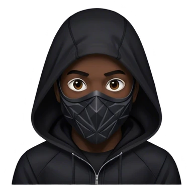 man with black hooded jacket and a full black full-face geometric mask sticker