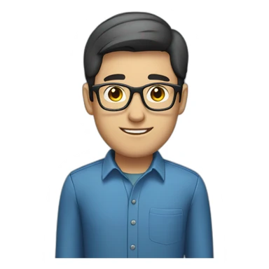 male employee dark short hair glasses blue shirt sticker