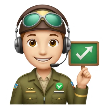 Slack-style emoji of a pilot wearing holding a green board with a white check mark sticker