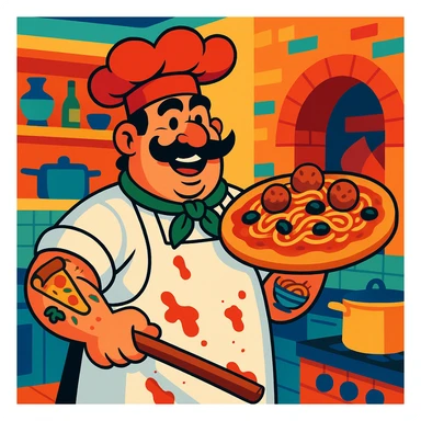 A tall, burly Italian chef with a thick black mustache and a big red chef hat, wearing a white apron stained with tomato sauce. He’s holding an oversized, loaded pizza topped with spaghetti, meatballs, and olives. His tattooed arms show pizza and pasta motifs. Colorful and cartoonish style with exaggerated features and a lively Italian kitchen background. sticker