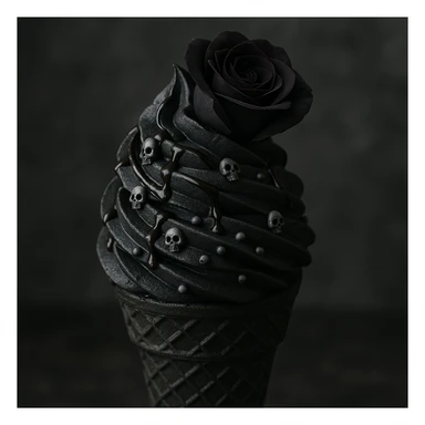 Gothic ice cream with black chocolate drizzle, tiny skull sprinkles, and a dark rose on top in a general style. sticker