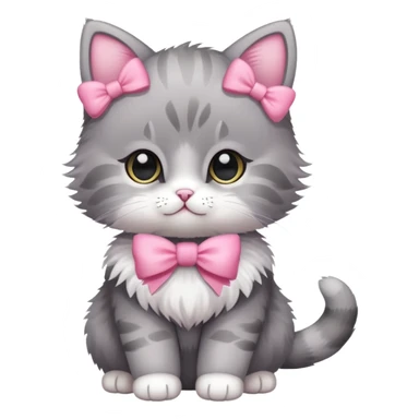 cute baby cat, full body, fluffy, gray with pink bow sticker