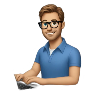 "A man with brown hair, wearing a blue shirt, and Tom Ford glasses, working on his MacBook Air." sticker