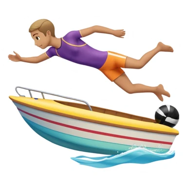 Emoji-style side view of boat with person diving off, rounded cute features, soft shading, colorful, PNG cutout sticker