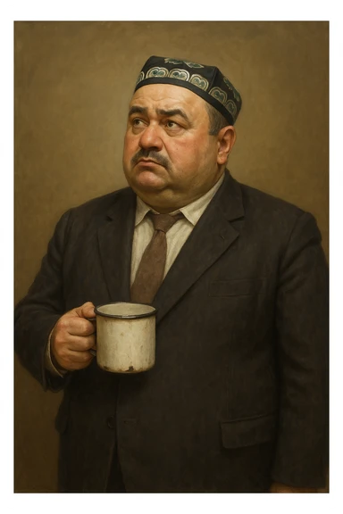 Сгенерируй мне с кружкой толстого чиновника в пиджаке и узбекской тюбитейке, он стоит как будто ждет что в кружку что то нальют, в стиле реалистичной живописи на однородном фоне. Кружка металическая советская. Он должен не обрезаться краями изображения и полностью помещаться в экран.  sticker