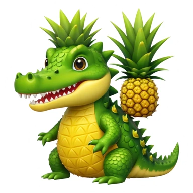 A cute crocodile with a pineapple body, the crocodile head is green with teeth and the body is a yellow pineapple with spiky texture sticker