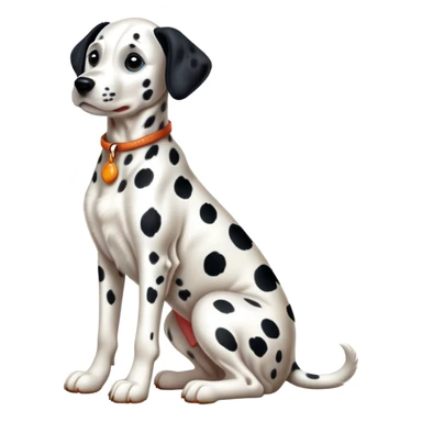 cinematic-[dalmatian dog]-realistic-full-body-sitting-emoji,-tail-resting-loosely-beside-its-paws,-head-tilted-dramatically,-sleek-[spotted]-fur,-simplified-yet-realistic-focused-features,-highly-detailed,-glowing-with-an-almost-sarcastic-glow sticker