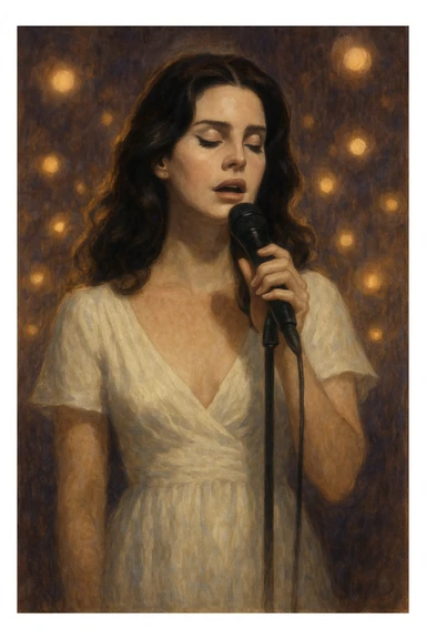 A stylized portrait of Lana Del Rey in a white dress, eyes closed, singing 'Heart Shaped Box', surrounded by soft glowing lights, romantic and melancholic mood sticker