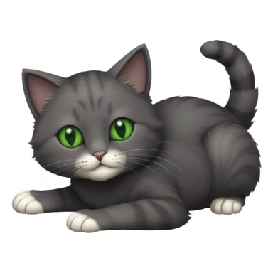 solid dark grey cat with green eyes, completely solid grey face, white toes/paws playing rolling upside down sticker