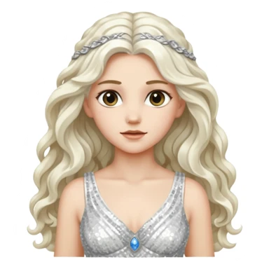 Artemis from Greek Mythology with long white wavy hair, white sequin dress sticker