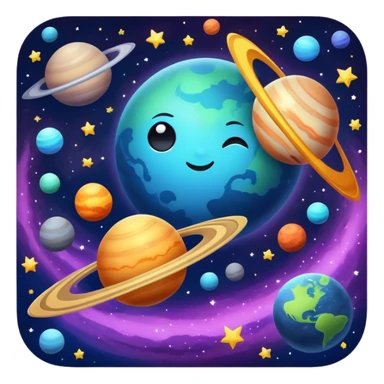 A cosmic scene with stars, planets, and galaxy sticker
